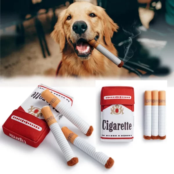 Funny Plush Dog Toy – Interactive Squeaky Chew Toy in Cigarette & Box Design