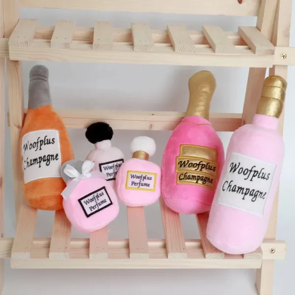 Fun Plush Dog Toy – Wine & Perfume Bottle Design, Soft & Squeaky Chew Toy - Image 2